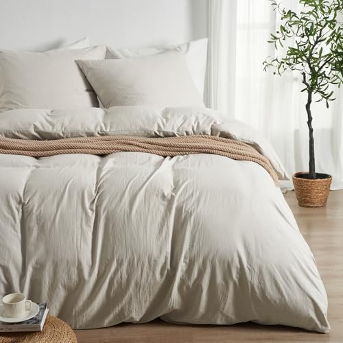Duvetnova Ropa de Cama 155x220 cm Beige, 3 Piezas, Microfibra ultrasuave prelavada Tipo algodón, Oeko-Tex – 1 Funda nórdica 155x220 + 2 Fundas Almohada 80x80, Cremallera, Lino, Verano.