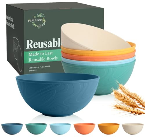 Perlapoc Unbreakable Large Cereal Bowls 40 OZ, Wheat Straw Bowls Set of 6, Alternative Plastic Bowls for Kitchen, Outdoors, Microwave & Dishwasher Safe Bowl Set for Salad, Cereal, Soup, Ramen, Multi