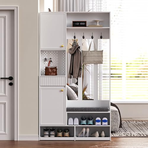 Merax Vestiaire d'entrée Armoire vestiaire couloir, Armoire à chaussures avec banc, Panneau perforé pratique, 4 crochets, Casier, Tiroir, Porte-manteau pour entrée, 100 x 35 x 180 cm, Blanc