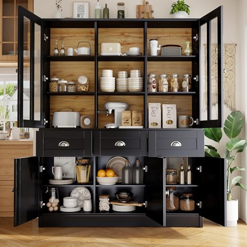 Armadio alto per soggiorno, armadietto a buffet, alto con 5 ante e 3 cassetti, spazio di archiviazione multifunzionale, moderno, minimalista, per ristoranti, soggiorno, cucina (nero, 140 x 40 x 175 cm