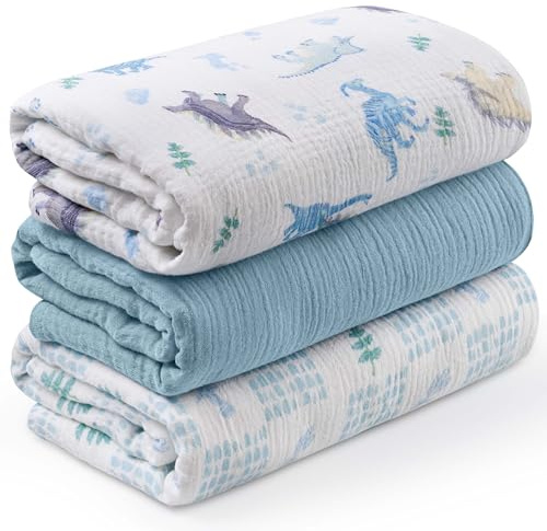 Soarwg Kids Manta Envolvente de Muselina para Bebé, Paños de Muselina para Recién Nacidos, Paquete de 3 Mantas de Muselina, Grande 95 x 100 cm (Estampado de Dinosaurios) para Baby Shower