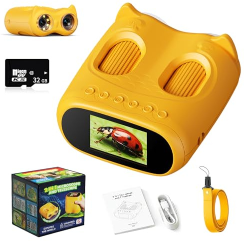 MidingChai Binoculares y Microscopio para Niños 2 en 1, 2.0 Pantalla IPS, Microscopio Portátil 1000x con Función Cámara, Lupa Binocular de 10x, Transmisión Tiempo Real PC, Tarjeta de Memoria 32 GB