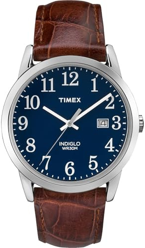 Timex Men's Easy Reader 38mm Watch – Silver-Tone Case Blue Dial with Brown Croco Leather Strap