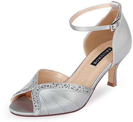 ERIJUNOR E8805C Women Comfort Low Heel Ankle Strap Rhinestones Pleat Satin Wedding Evening Dress Dance Shoes Silver Size 8