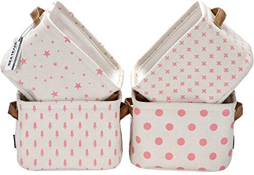 Sea Team Foldable Mini Team New Theme Grey and White - Storage Baskets in 100% Natural Cotton and Linen Fabric (Pink, 4 Pieces)
