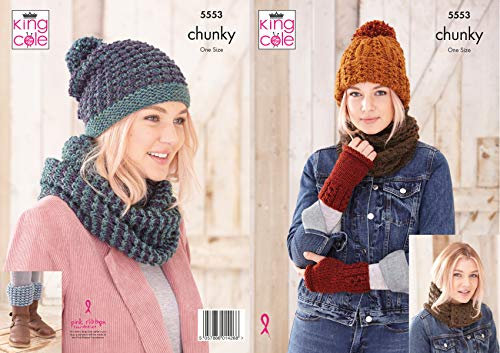 King Cole 5553 Knitting Pattern Ladies Hats Cowls Hardwarmers Boot Toppers in Big Value Chunky