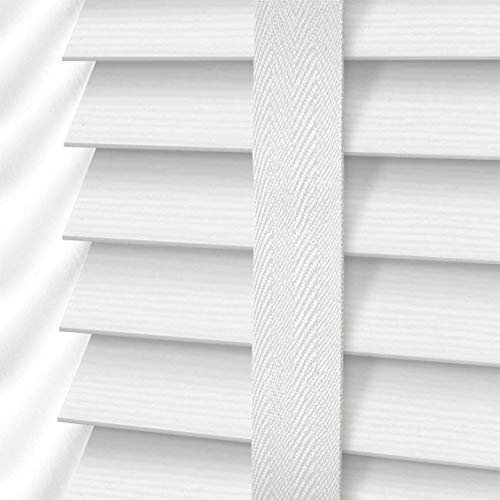 Faux Wood Window Venetian Blinds Blind With Tape 50mm Slats White Grey TRIMMABLE Fittings Included Luxury Look (White, 90 x 150 cm)