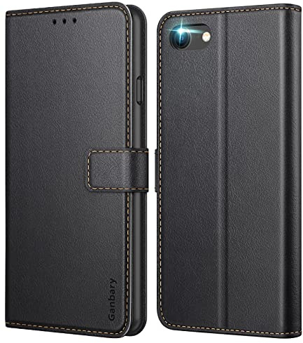 Ganbary Cover compatibile con iPhone SE 2022 5G/SE 2020/8/7, Premium Pelle PU Portafoglio Libro Custodia per iPhone SE 2022/SE 2020/8/7 [Protezione Completa] [Slot Scheda] [Funzione Supporto], Nero