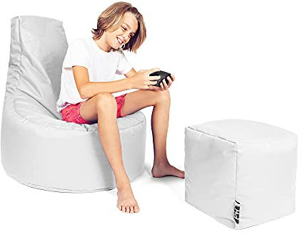PATCH HOME Patchhome Gamer Cushion Lounge Cushion Bean Bag Armchair Seat Cushion Bean Bag + Cube / Stool with Zip Already Filled (White, XXL - Diameter 80 cm Chair + 35 x 35 cm Cube)