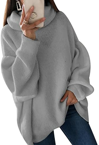 Pull Col Roulé Femme Hiver Chic Oversize Grosse Maille Ample Manche Longue Large Grande Taille Tricoté Chaud Sweater Gros Pull Tricot Personnalisable Gris XXL