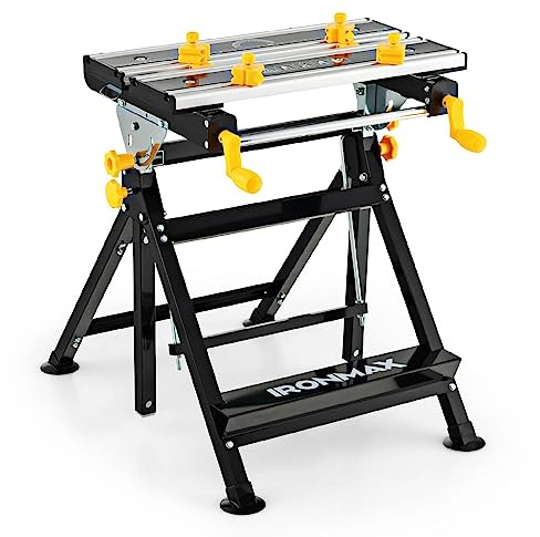IRONMAX Portable Workbench, Folding Work Table with 7-Level Height Adjustable, 8 Sliding Clamps and Reclining, Folding Workbench and Vise for Cutting, Saw, Paint