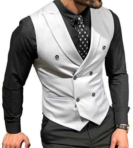 Gilet de Costume à Double Boutonnage for Hommes, Gilet sans Manches d'affaires Formel décontracté à Revers, for Rendez-Vous de Mariage marié, Lot de 1 (Couleur : White, Taille : L)