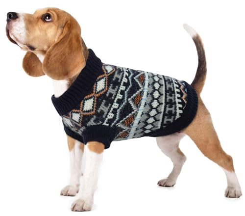 Hjumarayan Boho Dog Jumper for Winter – Warm Knitted Sweater for Small to Large Dogs with Harness Hole, Soft Stretch Pet Clothing for Cold Weather Walks, Navy Blue M