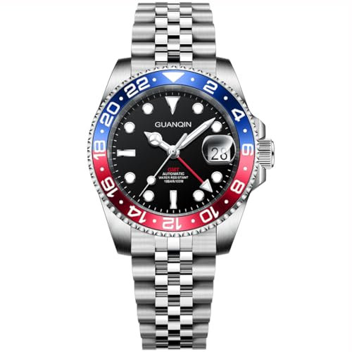 TYBERLEY GUANQIN Herren Automatik GMT Uhrwerk NH34 Edelstahl Synthetik Saphir Wasserdicht Leuchtzeiger Uhr mit Automatikaufzug