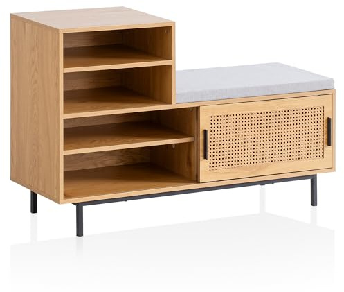 FineBuy Schuhbank mit Sitzfläche 120x75,5x40 cm Garderobenbank Eiche-Dekor, Sitzbank Rattan Klein Gepolstert, Bank Schmal Flur mit Stauraum, Flurbank Wiener Geflecht, Flurmöbel mit Schiebetür Braun