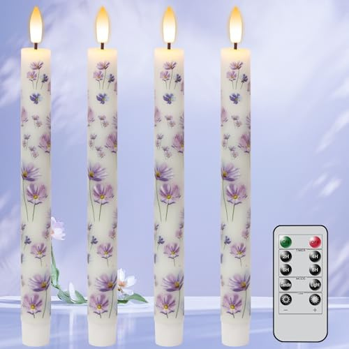 Eldnacele Purple Flowers LED Taper Candles Flickering with Remote Timer, Battery Operated Flameless Taper Candles, Real Wax CandleSticks Warm Light for Wedding Party Christmas Decoations