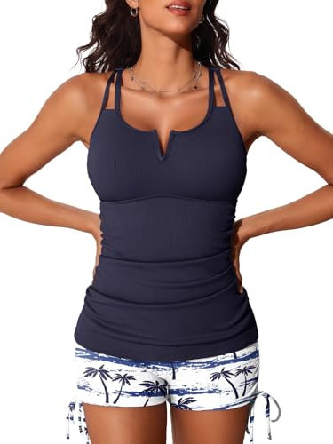 Summer Mae Tankini Swimsuits for Women Bathing Suits Top Ruched Two Piece Tummy Control Round Neck with V-Wire Swim Suits Blue Shadow on White L