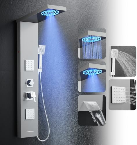 ROVOGO Shower Panel Tower System with Led Lights, 2-Setting Shower Head, Body Jets, Handheld and Tub Spout, Stainless Steel Shower Column with Mixer Valve, 46.5, Brushed