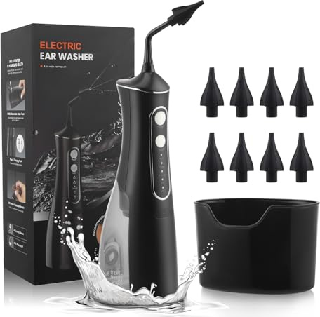 Set de Nettoyeur d'Oreilles Électrique, Soin des Oreilles & Irrigation Auriculaire pour Adultes - Douche Auriculaire 4-en-1 avec Réservoir 300ml, IPX7, Type-C - Appareil de Nettoyage d'Oreilles