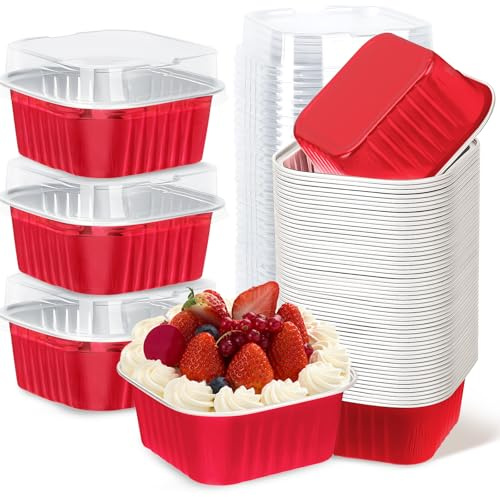 ylnurac 30Pack 5oz Chirstmas Mini Cake Pans with Lids Baking Cups Aluminum Foil Pans Tins, Individual Dessert Cups Containers for Sales,Party,Picnics Red