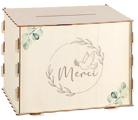 Namalu Urna de Cumpleaños Bautizo Caja deTarjetas Hucha de Madera Alcancía Decorativa para Bodas Decoración Festiva Caja de Regalo para Cartas Sobres y Dinero(Merci, Paloma, Eucalipto)