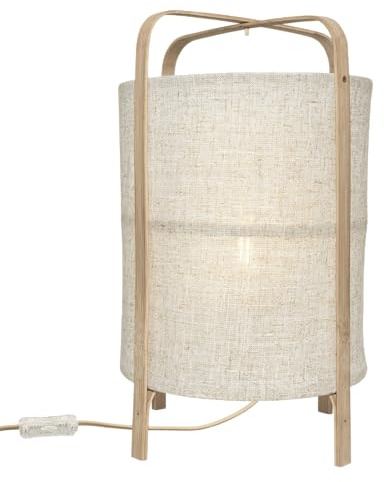 Sulion - Lámpara de Mesa de Lino Beige con Patas de Bambú | Lámpara Boho, Luz Cozy, Luz Decorativa para Cualquier Estancia | Casquillo E27, 10W Máx, 250V, Bombilla No Incluida