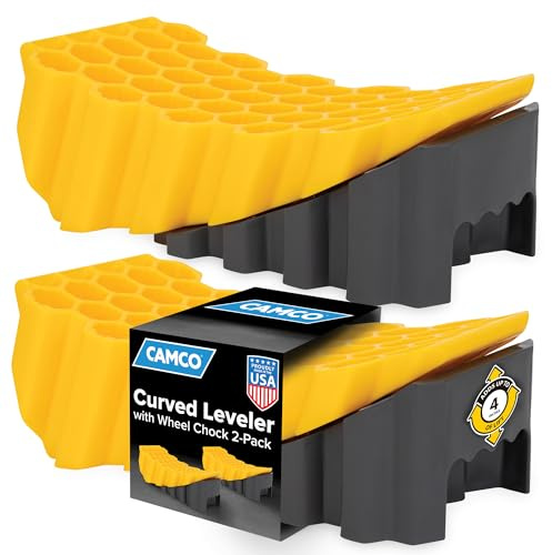 Camco Curved Camper/RV Leveler & Wheel Chock - Features Heavy Duty Honeycomb Design & Includes Non-Slip Rubber Grippers on Wheel Chock - Compatible w/Trailers Up to 30,000 lbs - 2-Pk (21021)