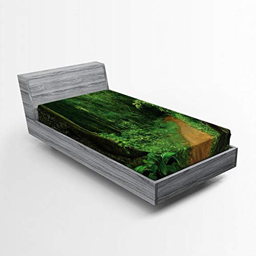 ABAKUHAUS Tropical Fitted Sheet, Jungle Forest Trees, Soft Decorative Fabric Bed Linen All-Round Elastic Band, 90 x 200 cm,Grün Braun