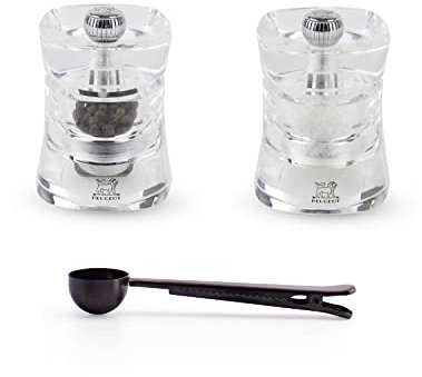 Peugeot Baltic Salt & Pepper Mill Gift Set, Acrylic 3 Inch - With Stainless Steel Spice Scoop/Bag Clip