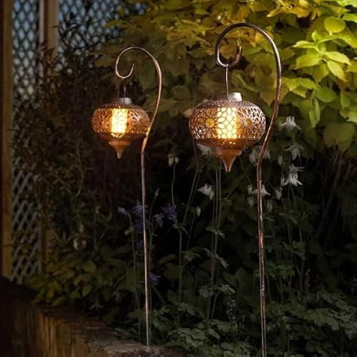 Garden Mile Set Of 2 Extra Large Solar Stake Lights Outdoor Garden Lanterns Solar Powered Realistic Flame Effect Hanging Outdoor Lanterns Ideal For Driveway Pathway Lighting