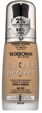 Deborah Milano - 24 Stunden Flüssigkeitsfoundation Perfect Feuchtigkeitsspendende SPF 20, Nr. 3.2 Hazelnut, 30,0 ml, 1