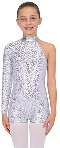 iiniim Kids Girls Sequins One Shoulder Ballet Dance Leotard Gymnastic Athletic Unitard Biketard Bodysuit Jumpsuit Dancewear Silver 13-14 Years