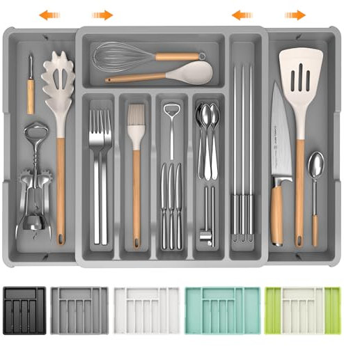 iDavosic.ly Cutlery Drawer Organiser,Expandable Large Cutlery Trays for Kitchen, Adjustable Plastic Utensil Flatware Drawer Organiser Holder for Spoon Fork Knife (Grey)