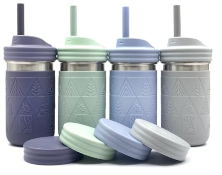 Älg och vänner 4 dl rostfritt stål barn + småbarn drickkoppar | Den ursprungliga glasburken med ärmar + lock | silikonsugrör | smoothies | förvaringsburk | spillbeständig | diskmaskinssäker | 4-pack
