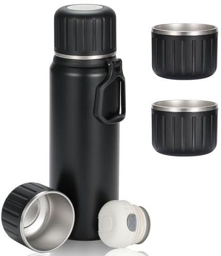 Olerd Thermosflasche Edelstahl Trinkflasche Geschenk Set, 750ML Isolierflasche mit 3 Trinkbecher, Auslaufsicher Wasserflasche für Kaffee, Tee, hält 6 Stunden Heiß und Kalt(Schwarz)
