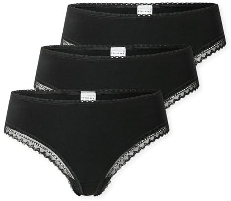 SCHIESSER Damen Tanga String im 3er Pack - Größe 40 Schwarz - Atmungsaktive Baumwolltangas mit Spitzenbändern am Bund - Elastisches Single-Jersey - Bequeme Unterwäsche mit komfortablem Sitz
