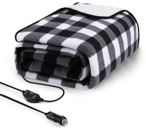 Sino Salected Heated car Blanket - 12 Volt Electric Blanket for car, Portable Heated Blanket for Car, Truck, SUV, RV & Camping, with Temperature Controller, 59 x 43(Black-White Plaid