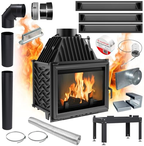 Inserto per camino in ghisa, stufa a legna Kratki Zuzia, 15 kW, design ecologico, camino fi 200, alta efficienza, camera di combustione robusta, combustione pulita, sistema di pulizia dei vetri