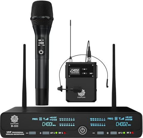 DIGIMORE UHF trådlöst mikrofonsystem | Handhållen och Lavalier-mikrofon | 72 kanaler | 350 fot räckvidd | Metallkropp | Perfekt för PA-system, scen, kyrka, sång, tal, fitness, konferenser (D-395 HL)