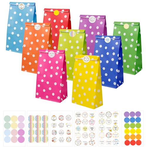 Carehabi Sacs en papier pour anniversaire d'enfant, 40 sacs en papier et 82 autocollants, 24 x 13 x 8 cm, sacs à bonbons pour emballer des cadeaux, des cadeaux, des anniversaires d'enfants, des