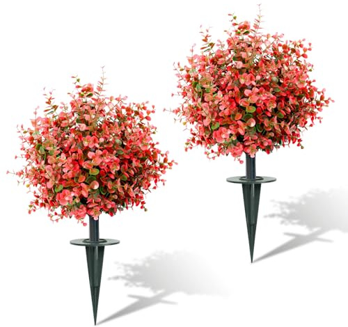 24Inch Artificiale di Eucalipto Rosso Arte Topiaria Alberi 2 Pezzi Piante Realistiche Resistenti Alle Intemperie Arbusti Finti con Picchi per Portico Porta d'ingresso Giardino Matrimonio Cortile