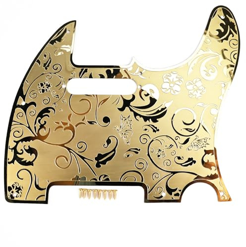 OVSAL Stainless Steel Pick Guard Scratch Plate 8 Holes SS Single-Coil Pickups Metal Engraving Electric Guitar Pickguard Compatible with USA/Mexican Telecaster Tele Modern Style Guitar Parts(Gold)