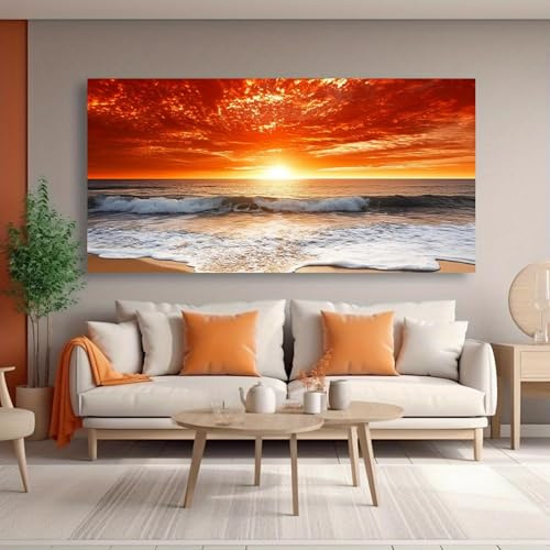 WUDUM Quadro moderno astratto su tela con tramonto sul mare,dipinto di paesaggio marino arancione e rosso per soggiorno,opera d'arte moderna per la casa,80x160 cm (31,4x62,9 pollici) senza cornice