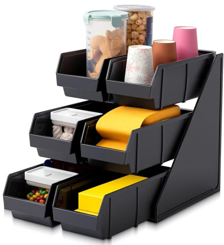 Novabright 6 Compartment Serve Condiment Bin Self Serve Condiment Packet Organizer Stand Countertop Plastic Containers Storage Display Rack for Coffee Shops Restaurants Bars(6 Bin)