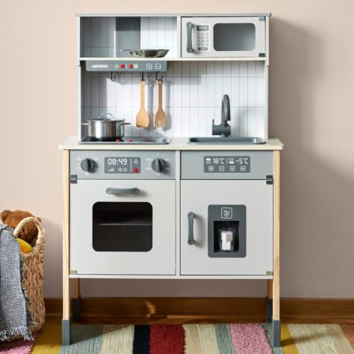 JERIDOO Kids Wooden Play Kitchen, Realistic Toy Kitchen Playset with Light-Up Oven, Microwave, Sink, Ice Maker and Kitchen Accessories, Role Play for Toddlers Age 3+