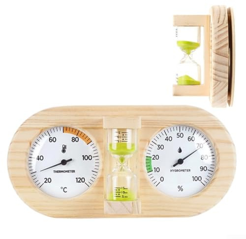 Thermomètre et hygromètre de sauna en pin à double cadran mural avec sablier, résistant aux hautes températures pour hammam (vert)