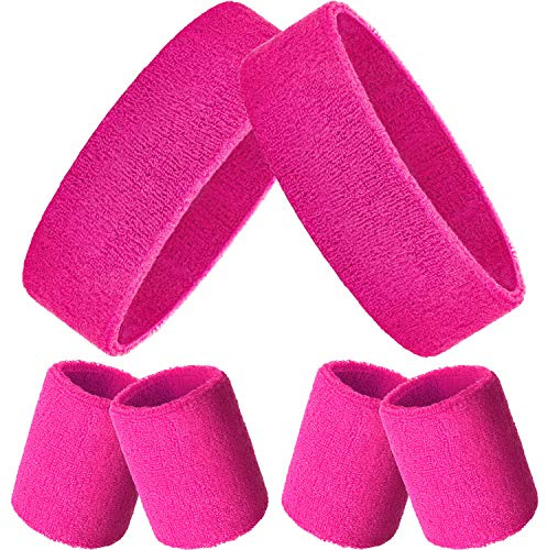 Bememo 6 Pieces Sweatbands Set 2 Sports Headbands and 4 Wristbands Striped Sweat Band for Men Women Colorful Neon Athletic Running Gym Basketball Tennis(Hot Pink)