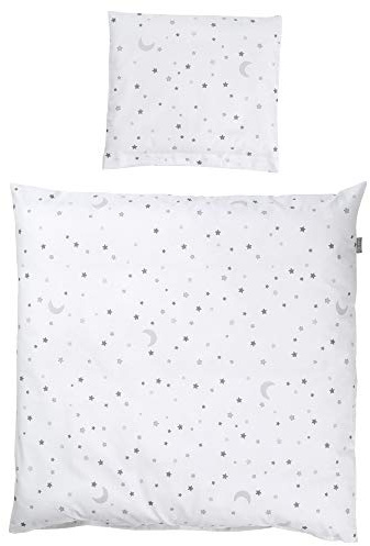 roba Babybettwäsche 80 x 80 cm - Sternenzauber grau - Wiegenbettwäsche Baby Set 2 teilig - Decken & Kissenbezug mit Stern Motiv für Mädchen & Jungen - Baumwolle - Weiß