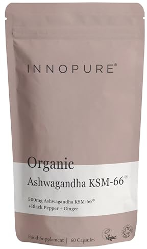 INNOPURE Organic Ashwagandha KSM 66® Pure Fill (No Fillers or Binders) High Strength 500mg of Pure Ashwagandha 5% Withanolides, Organic Ginger & Black Pepper (60 Servings) UK Made