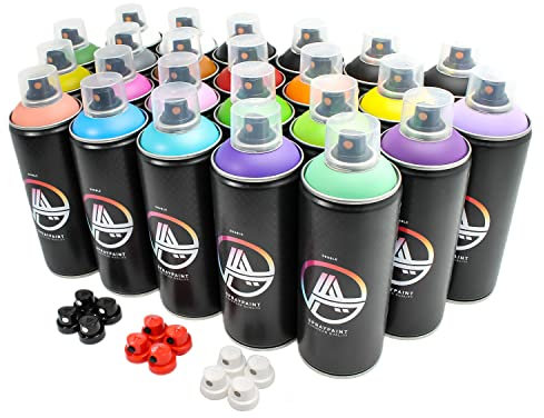 Double A Spraypaint Sprühdosen Set, Paket Multicolor, 24 Spraydosen 400ml + Sprühaufsätze
